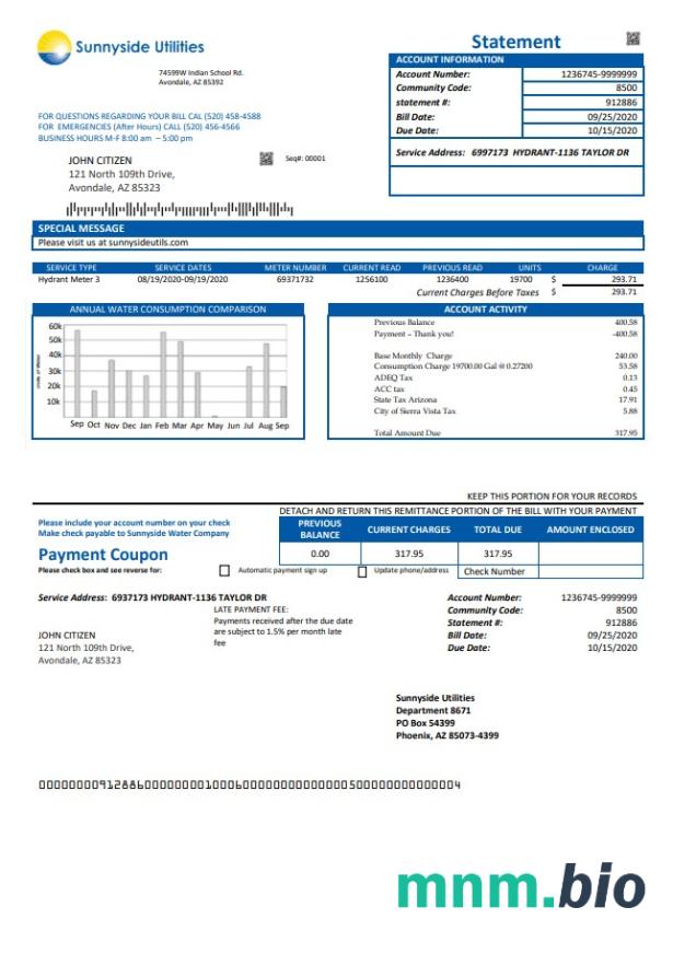 USA Washington Sunnyside Utilities woda rachunek za media szablon w formacie Word i PDF
